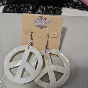 Blue Asphalt Mother-of-Pearl Peace Sign Drop Earrings - White